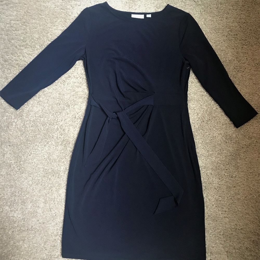 3/4 Sleeve Navy Blue Waist Tie Dress